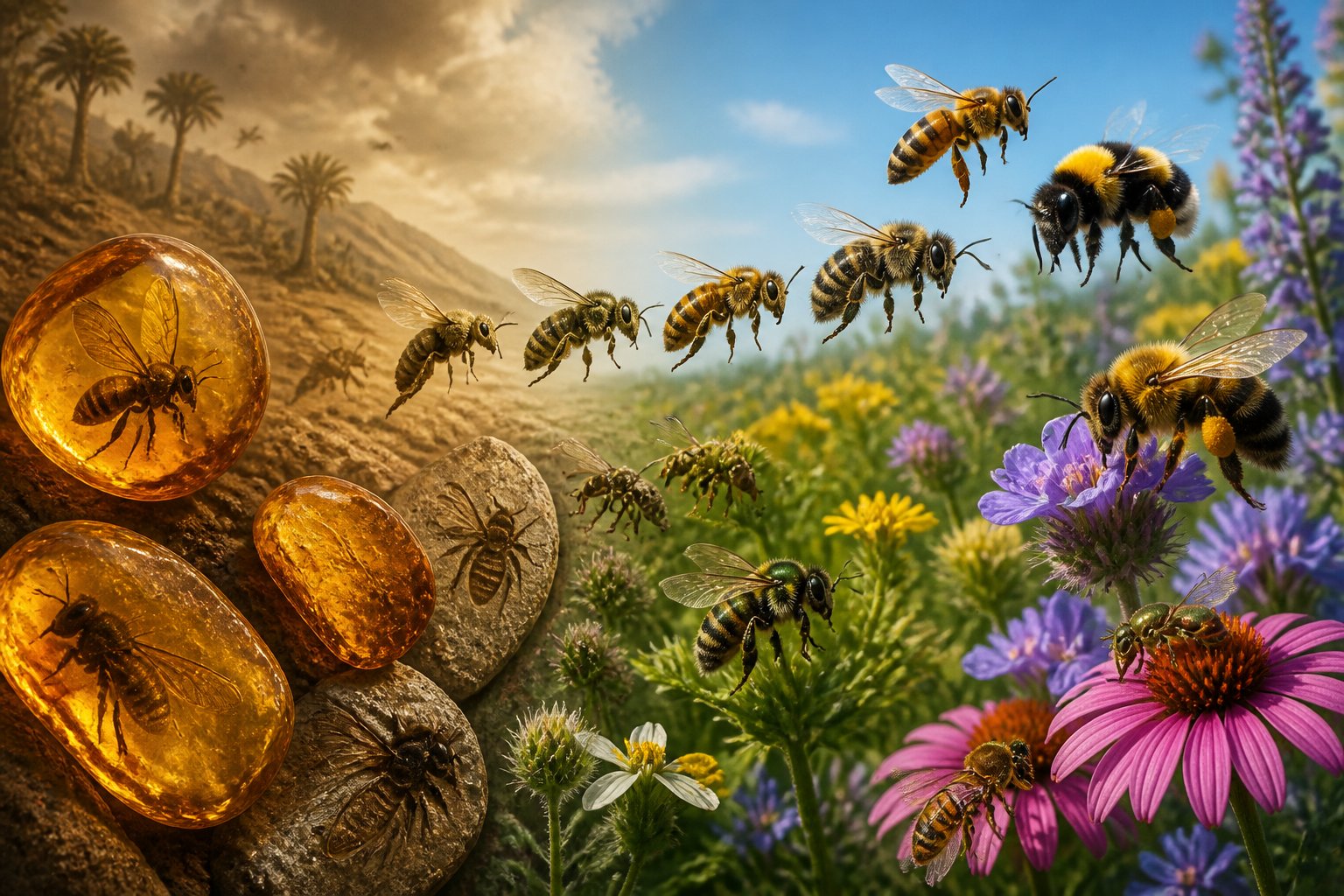 A natural scene showing ancient bee fossils in amber alongside various modern bees on flowers in a meadow.