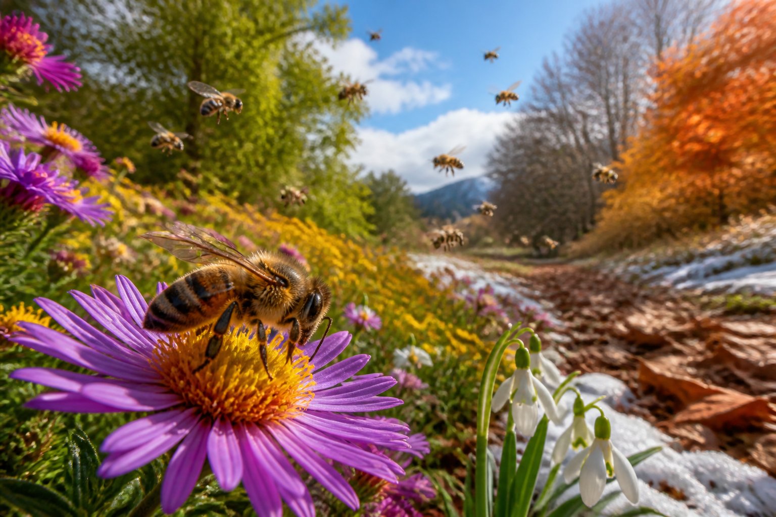 A close-up of a honeybee on a flower with blooming plants and autumn leaves in the background showing seasonal changes.