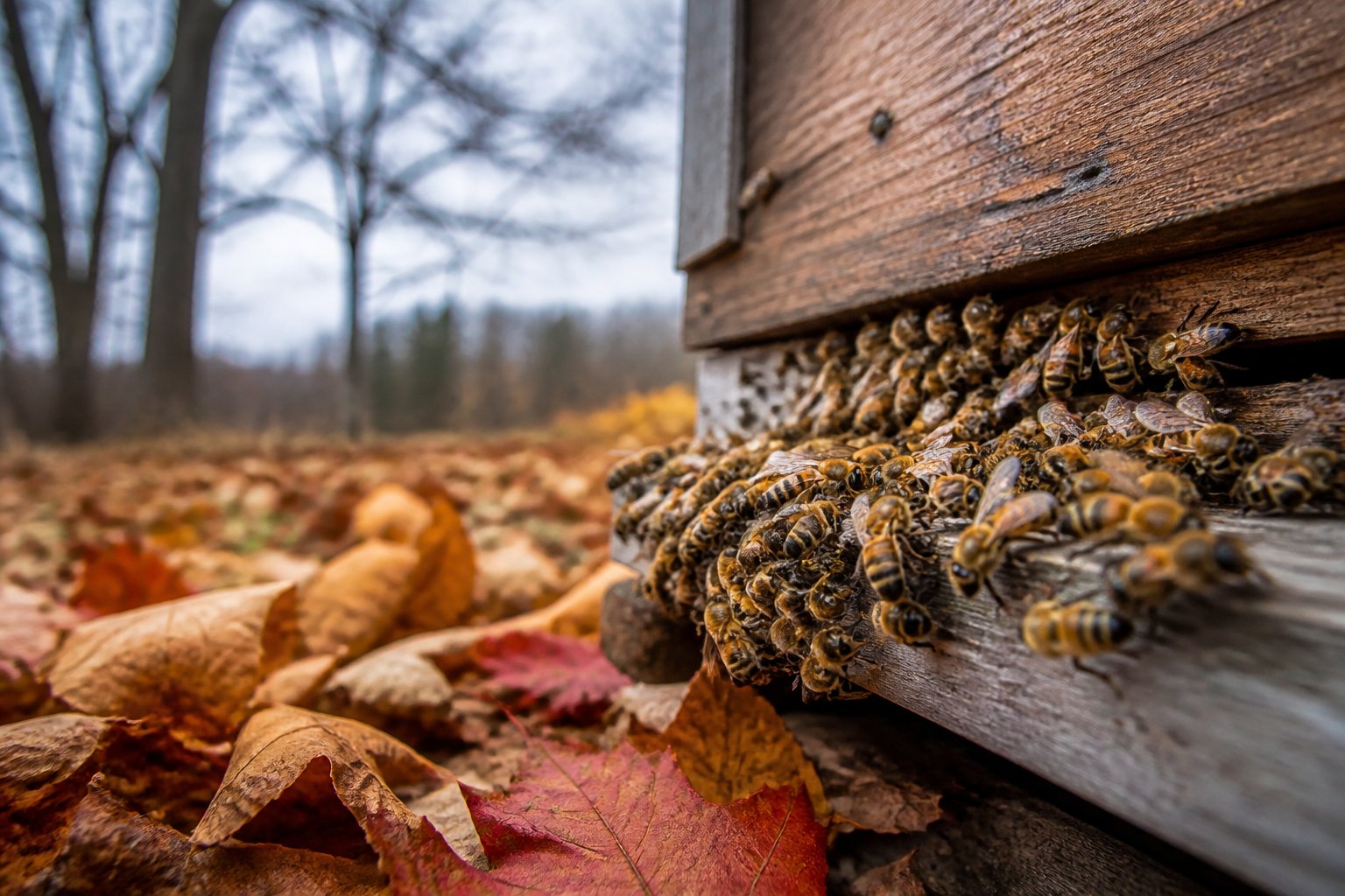 Close-up of honeybees clustered on a wooden beehive entrance surrounded by fallen autumn leaves and bare trees in cold weather.