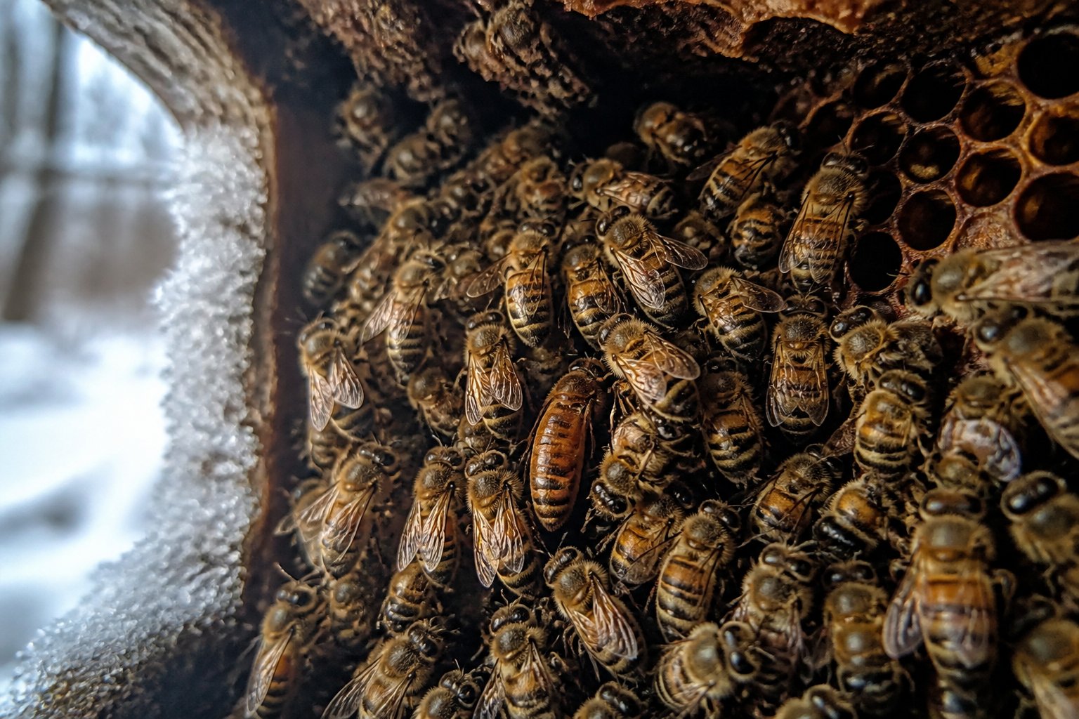 Various bees clustered together inside a hive during winter, resting on honeycomb structures.