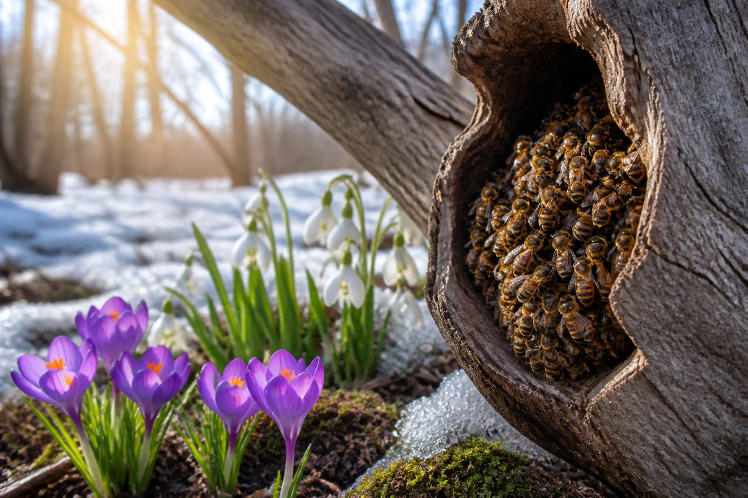 Close-up of a cluster of bees resting on a tree branch with early spring flowers blooming nearby and patches of melting snow on the ground.