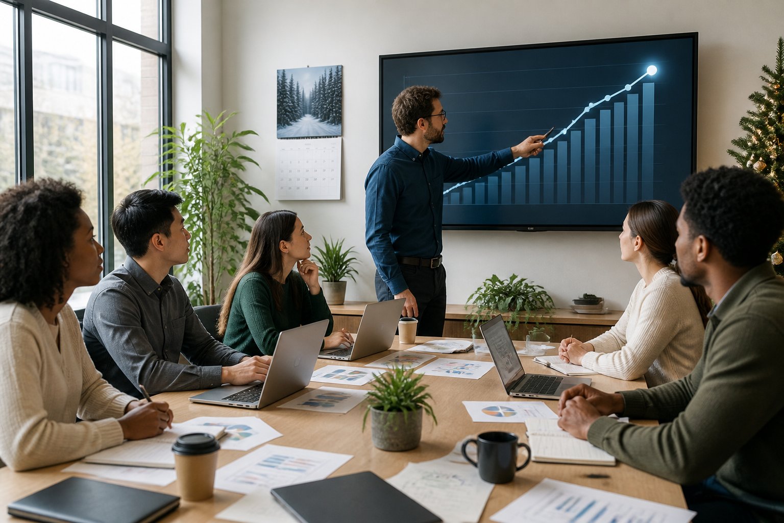 A group of professionals collaborating around a table with laptops and charts, focusing on a progress graph on a digital screen in a bright office.