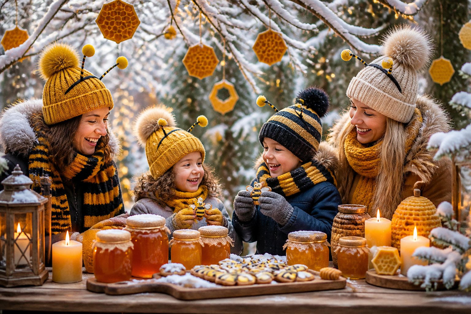 People celebrating a winter holiday outdoors with bee-themed decorations, honey jars, and snow falling.