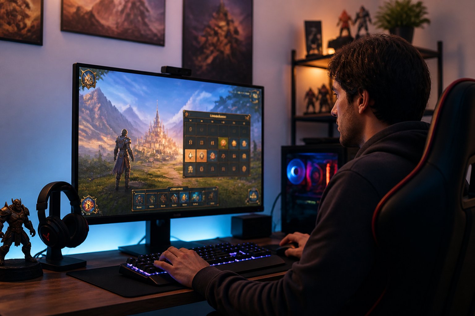 A person playing a fantasy video game on a computer, looking at the screen with gaming accessories around them.
