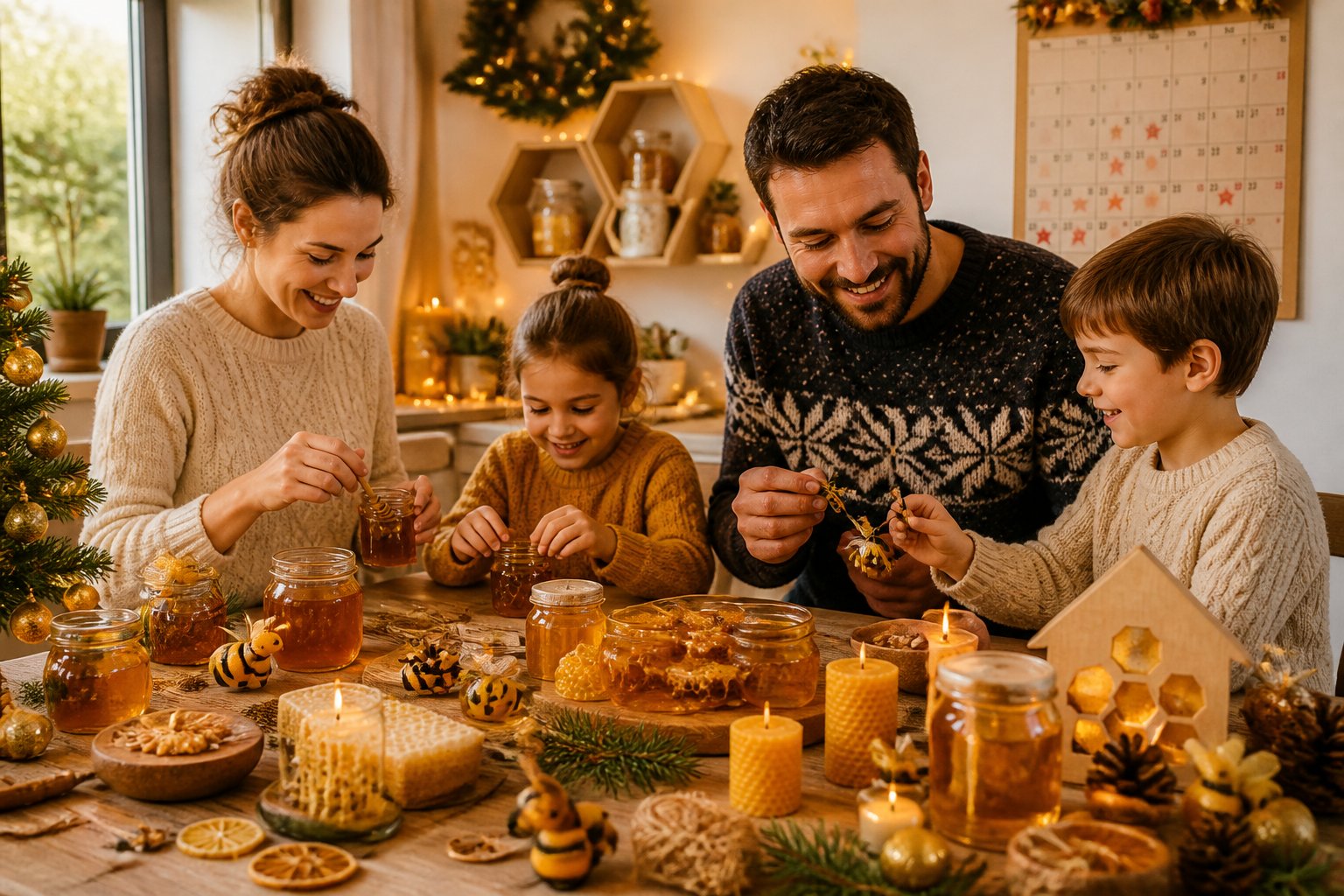 A family preparing honey-themed decorations and food in a cozy kitchen during the holiday season, with a calendar showing December in the background.