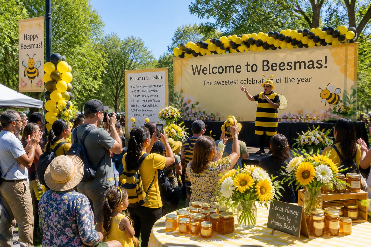 A group of people gathered outdoors in a park, celebrating the start of an event with festive bee-themed decorations and a speaker on stage.