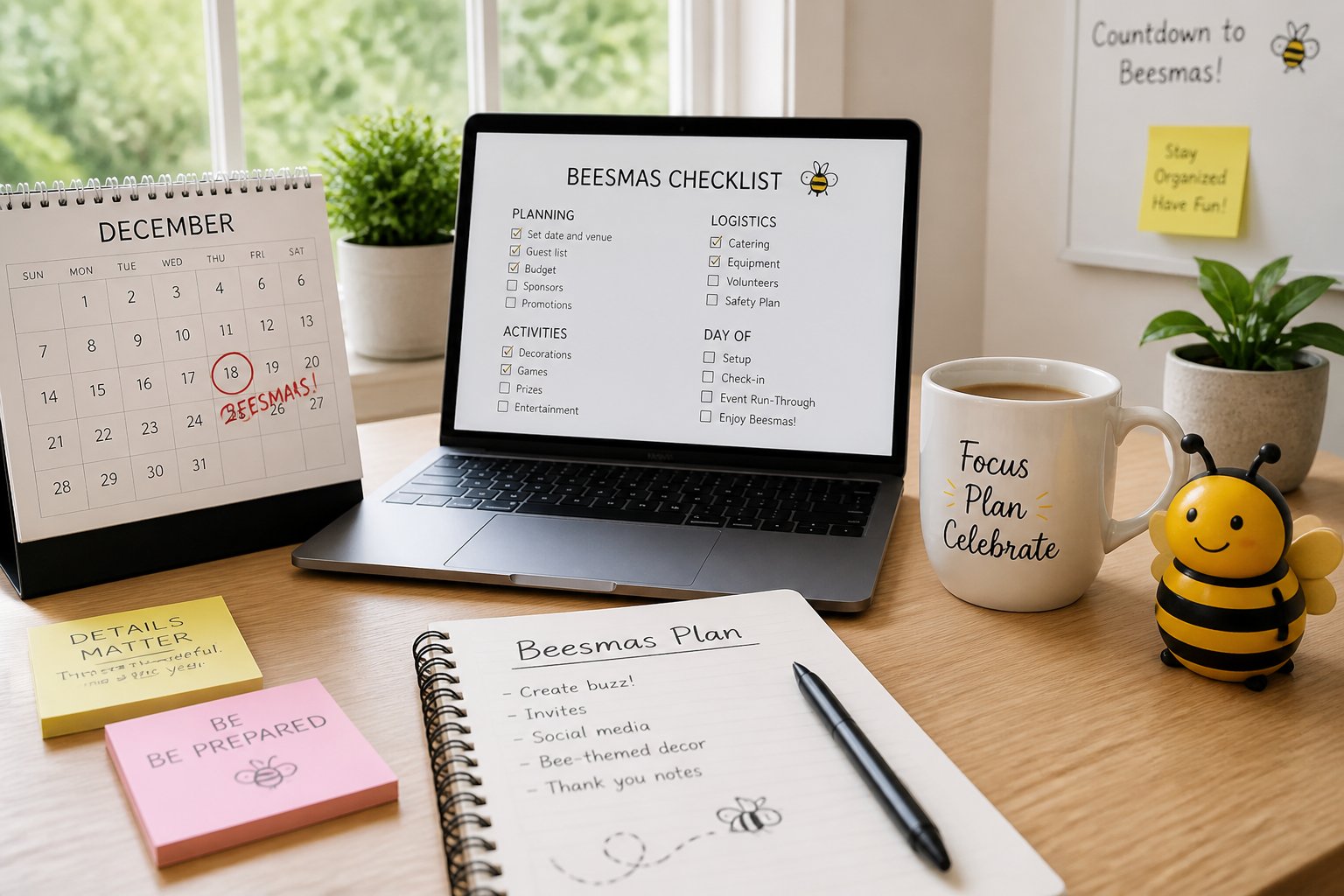 A workspace with a calendar, laptop, notebook, coffee cup, and a small bee figurine on a desk near a window.