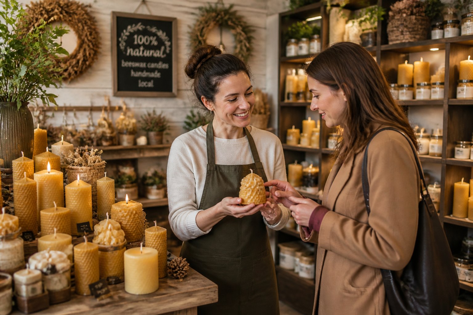 Inside a cozy store with shelves of beeswax candles and a customer being helped by a shop assistant.
