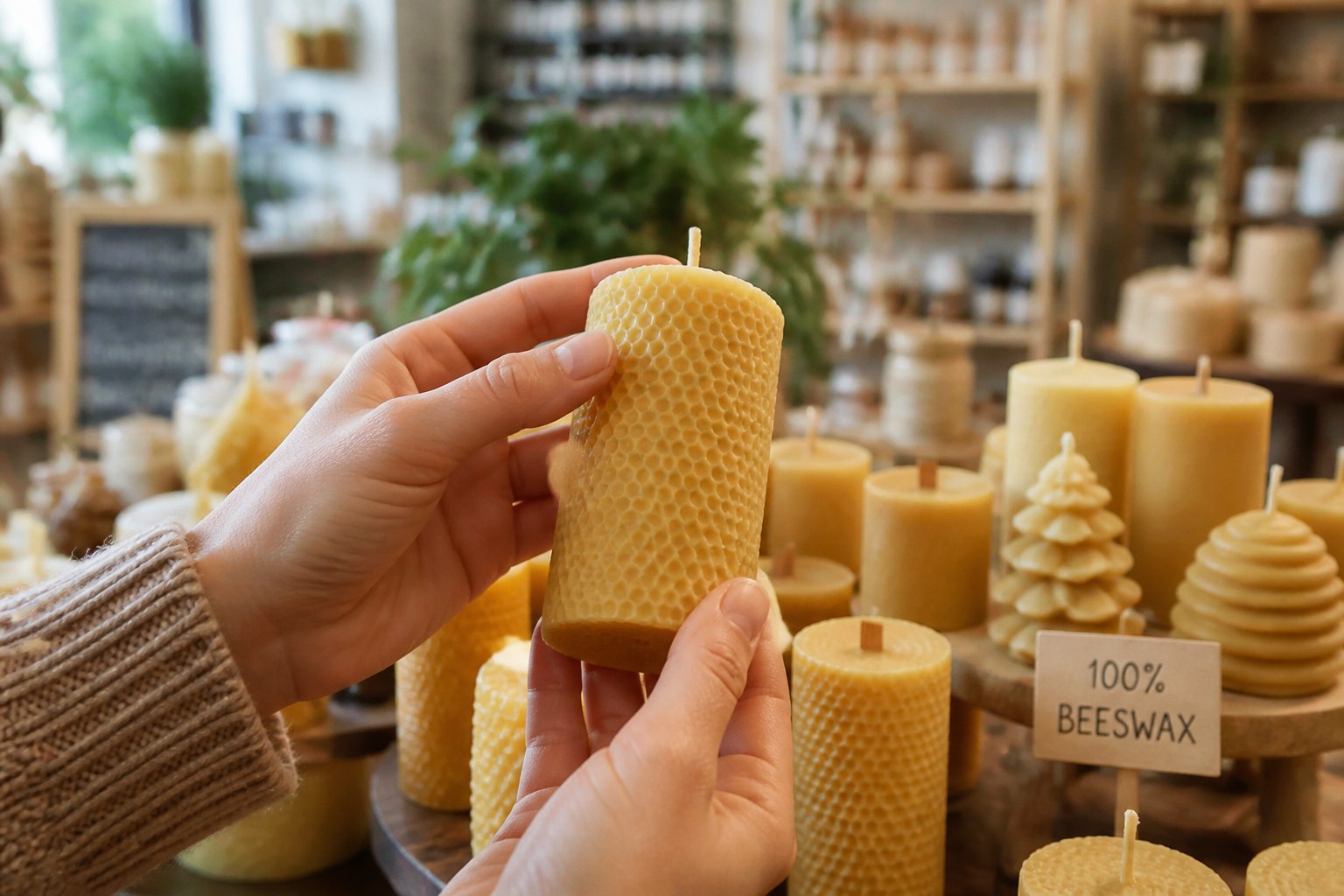 Hands holding a natural beeswax candle with other candles and a market display in the background.