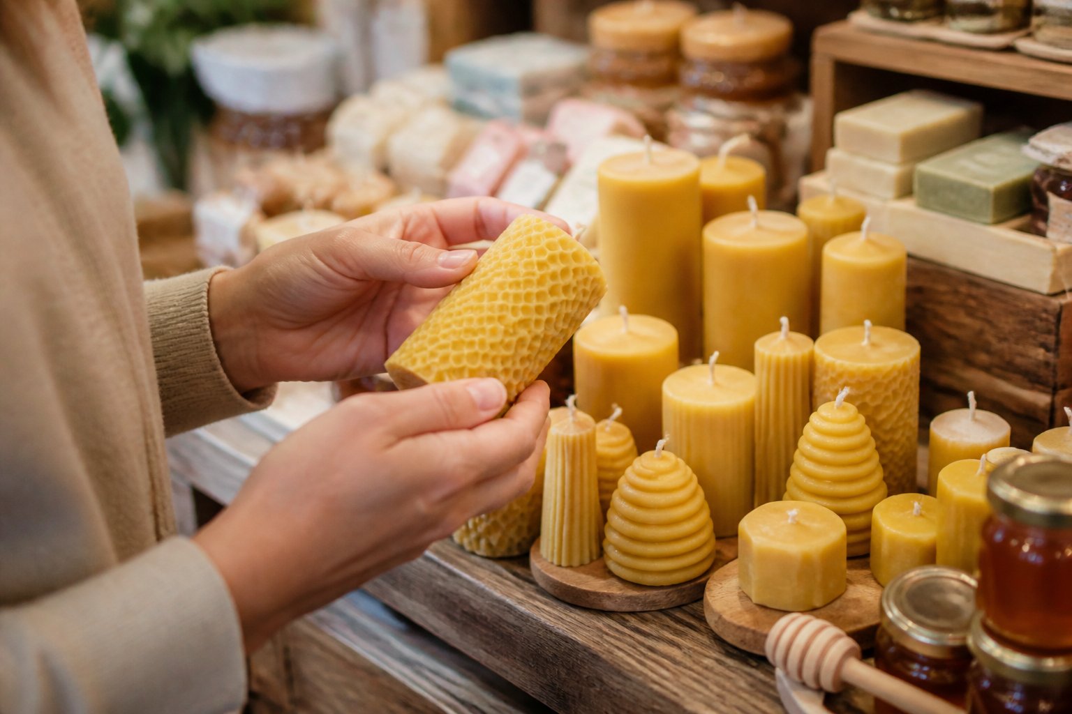 Person examining beeswax candles displayed on wooden shelves in a local market.