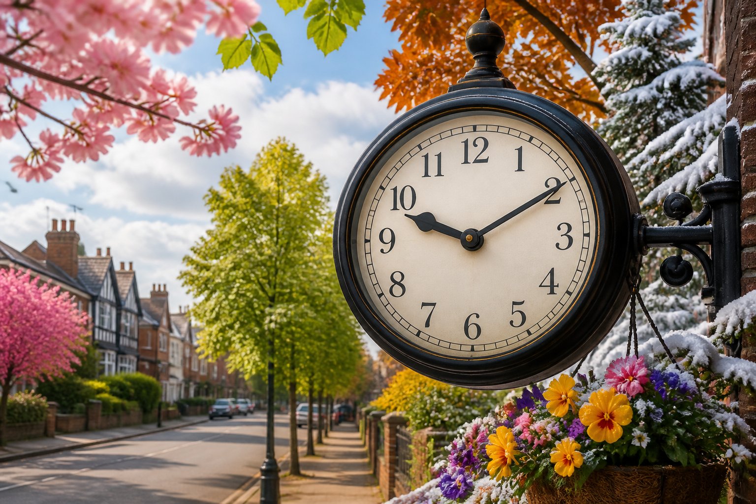 An outdoor scene in Beeston showing a large clock on a street lamp surrounded by seasonal elements representing spring, summer, autumn, and winter.