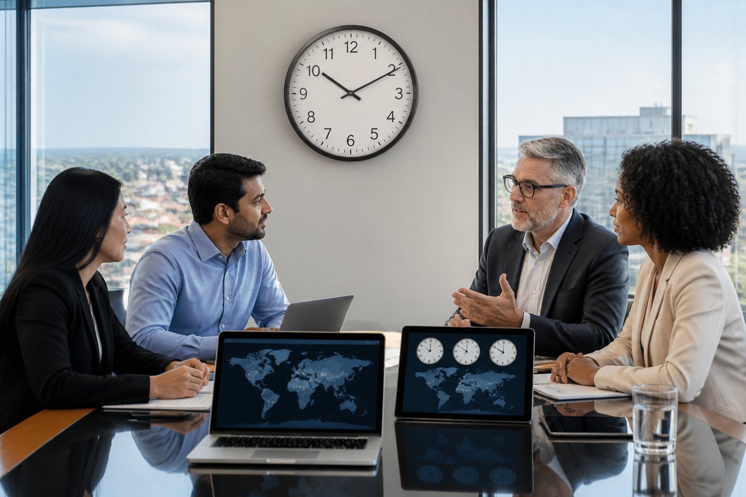 A group of professionals in an office discussing time zones with a large wall clock and digital devices showing world maps.