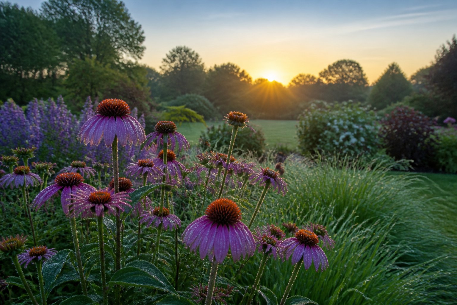 A quiet garden in early morning with flowers and grass covered in dew, no bees present.