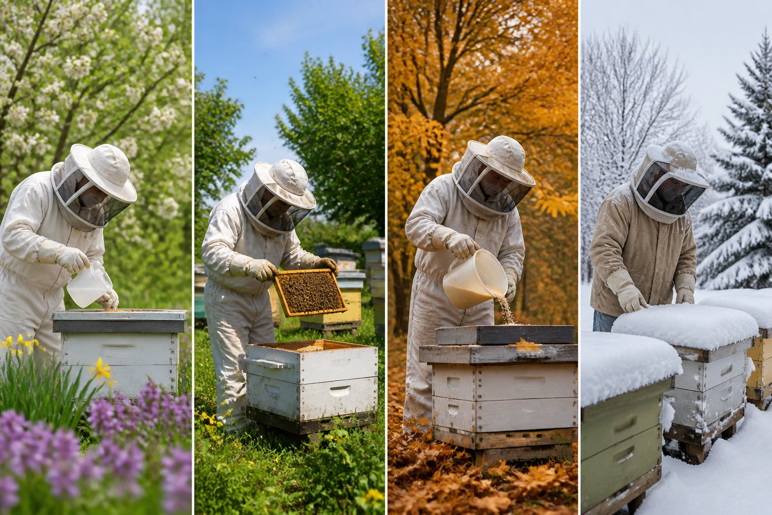 A beekeeper tending to beehives in four seasonal outdoor settings from early spring with flowers to snowy winter.