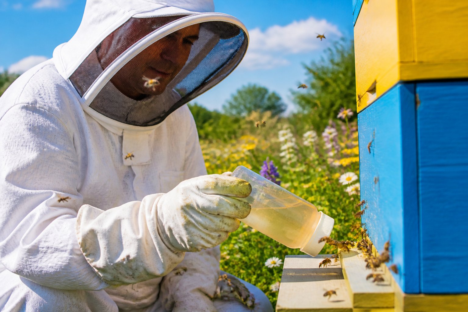 A beekeeper feeding bees at a beehive outdoors surrounded by flowers and greenery.