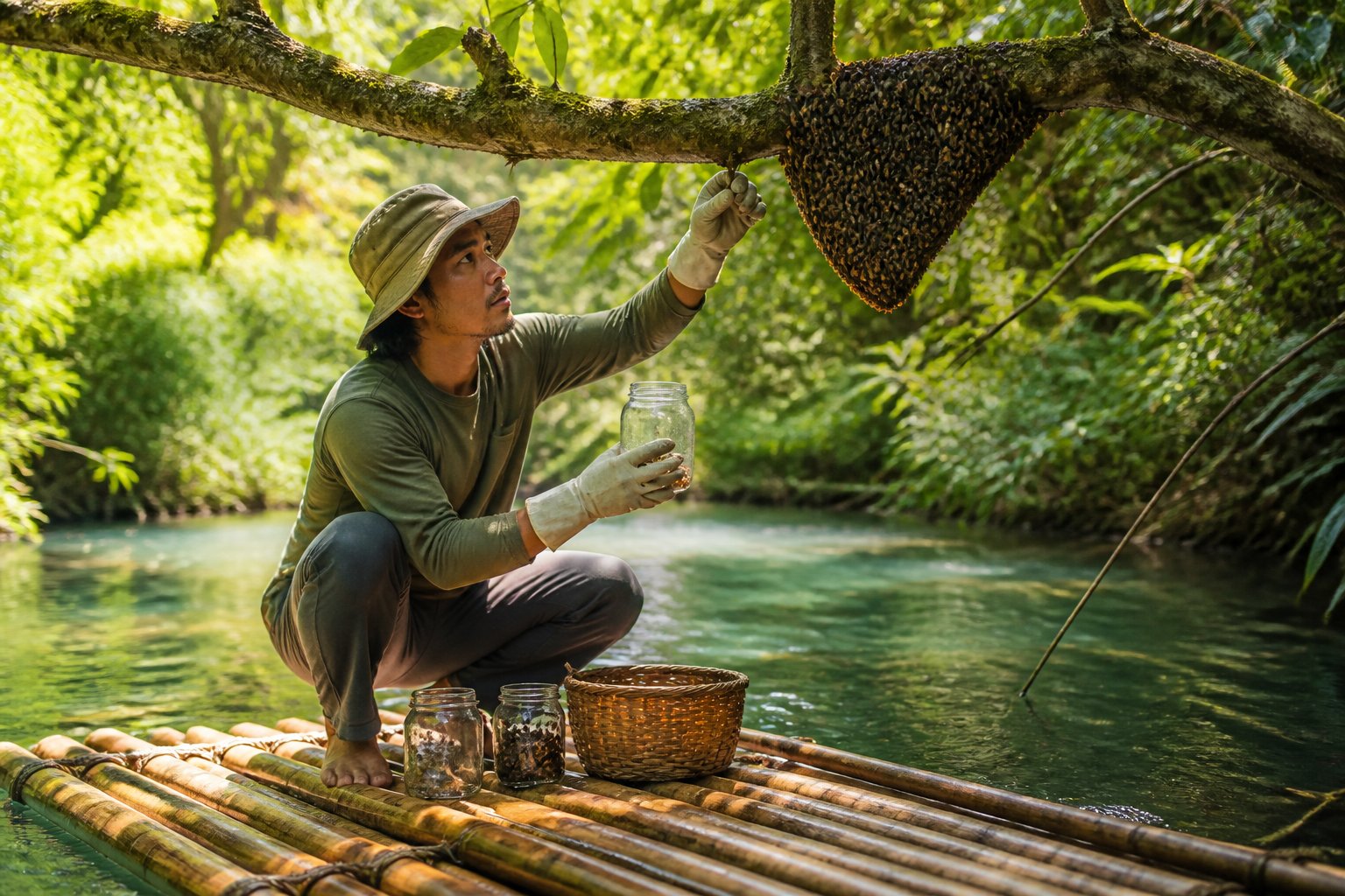 A person on a wooden raft in a jungle river collecting bees in glass jars from a tree branch.