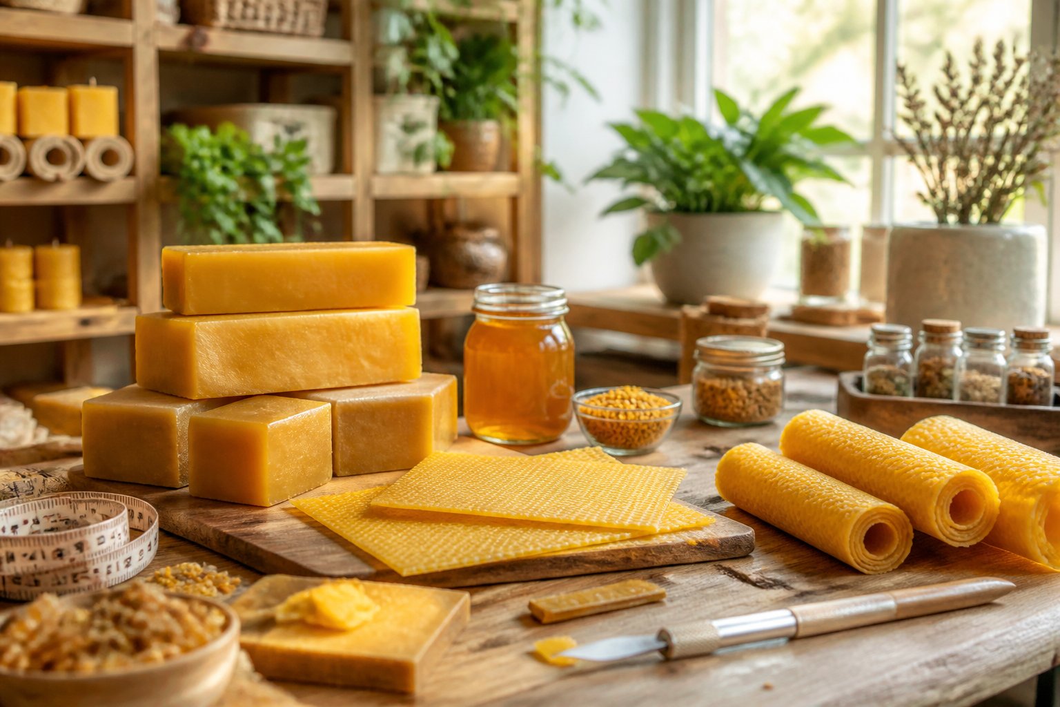 A workspace with beeswax blocks, crafting tools, and natural ingredients arranged on a wooden table in a cozy workshop.
