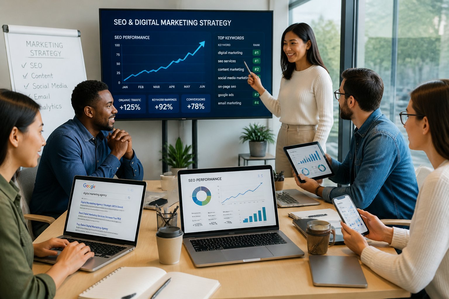 A group of business professionals collaborating around a table with laptops and digital screens showing analytics and search rankings.
