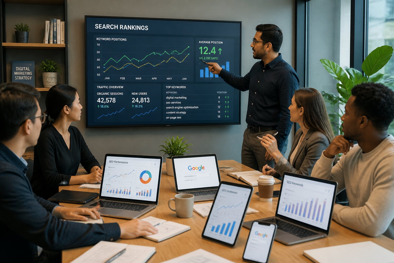 A group of business professionals collaborating around a table with laptops and a large screen showing search rankings and charts in a modern office.