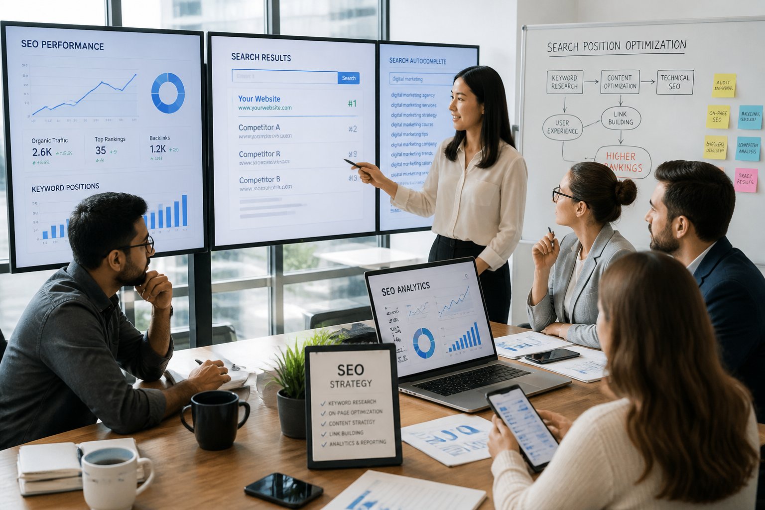 Business professionals collaborating in a modern office with screens showing search engine data and charts.