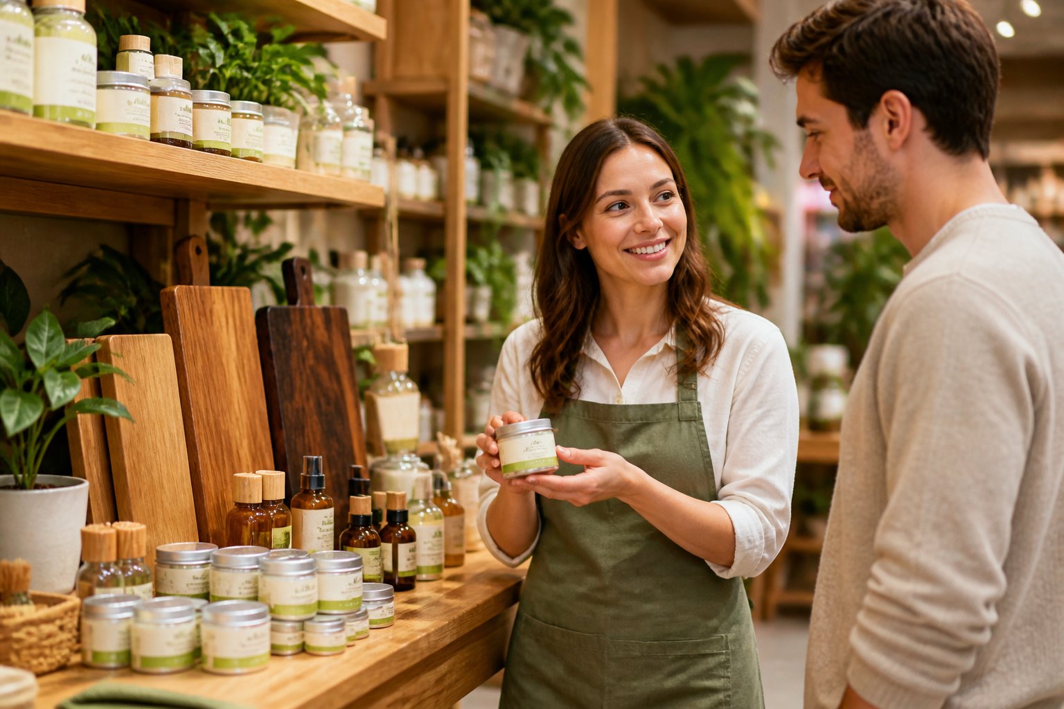 A store aisle with shelves of beeswax furniture polish and wooden furniture samples, with a store employee helping a customer.