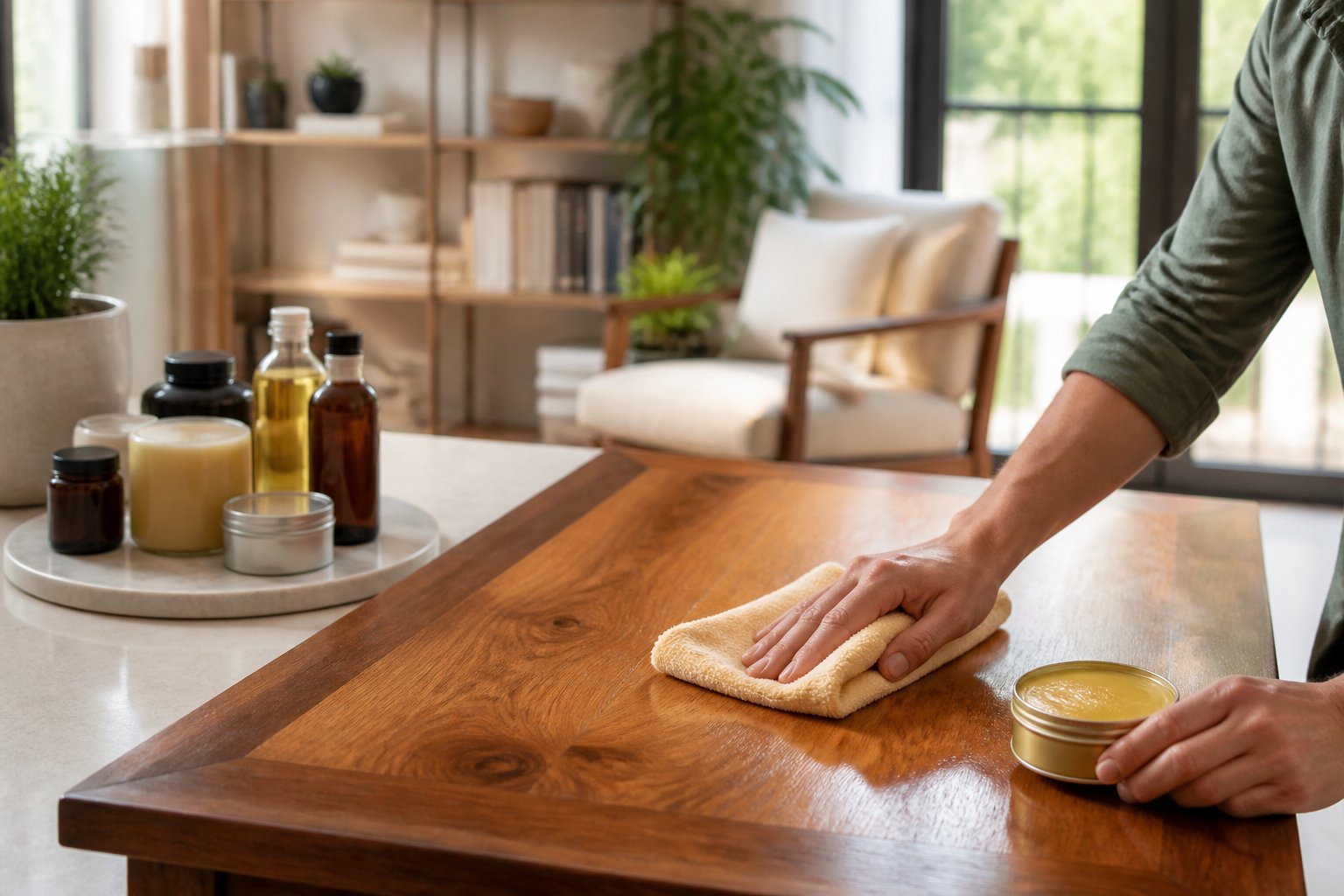 Hands applying beeswax furniture polish to a wooden coffee table in a bright, modern home interior with polish containers nearby.