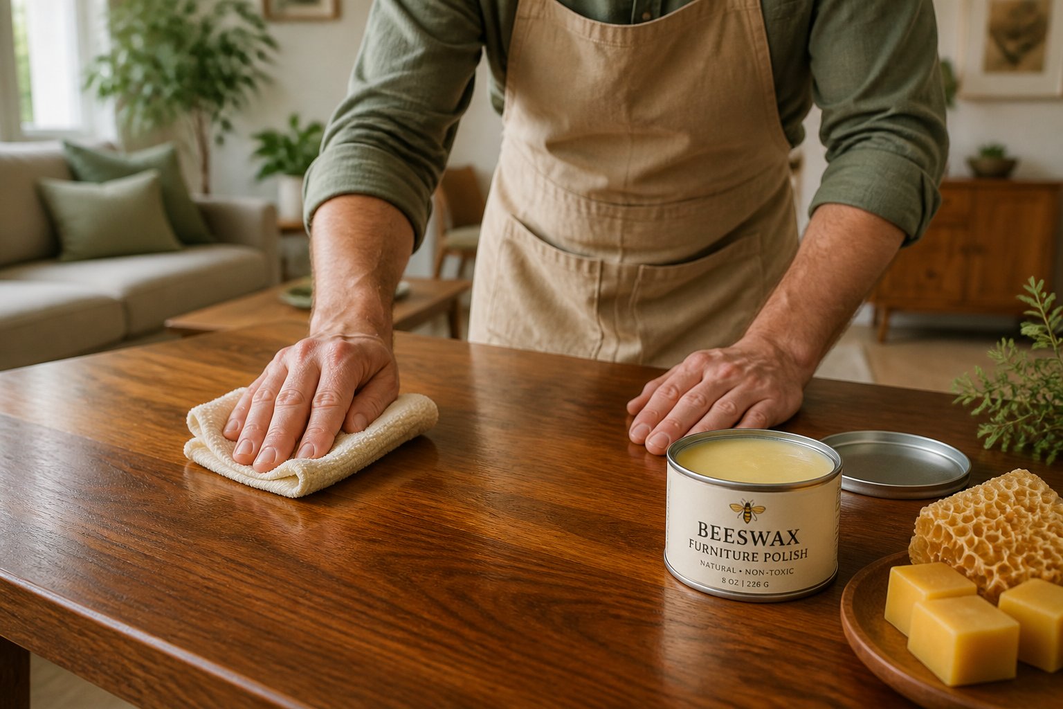 Hands applying beeswax furniture polish to a wooden table surface in a bright, cozy home setting.