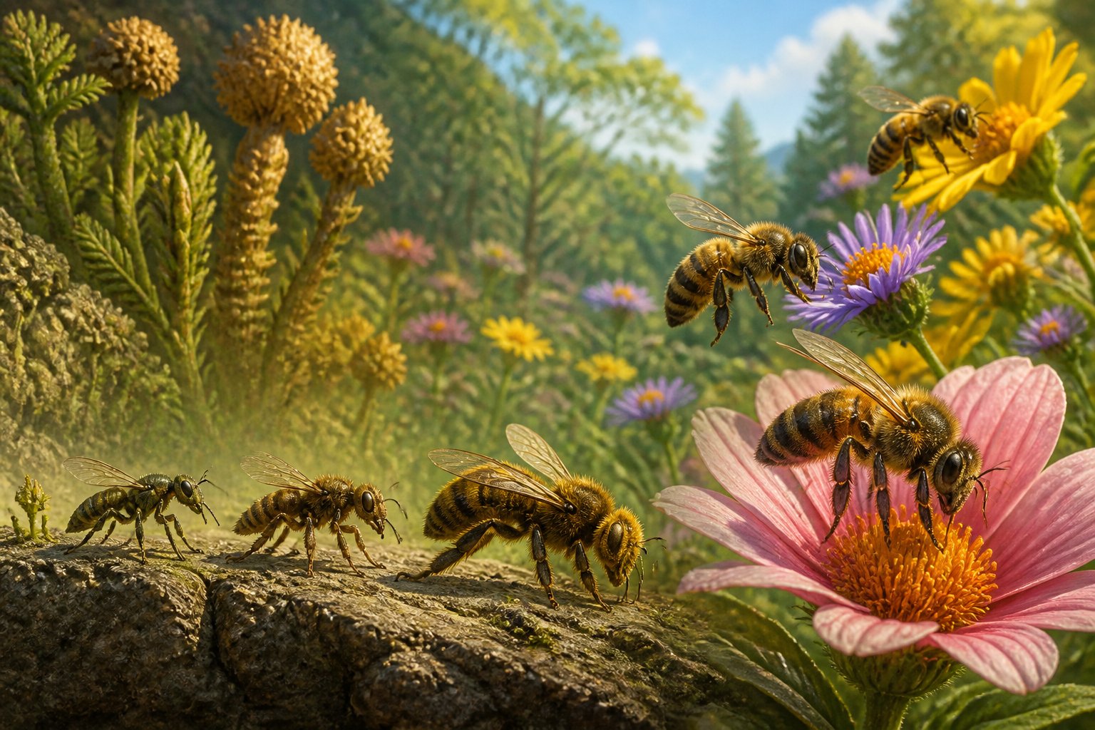 A sunlit meadow showing early bee-like insects near ancient flowers transitioning to modern honeybees on colorful blossoms.