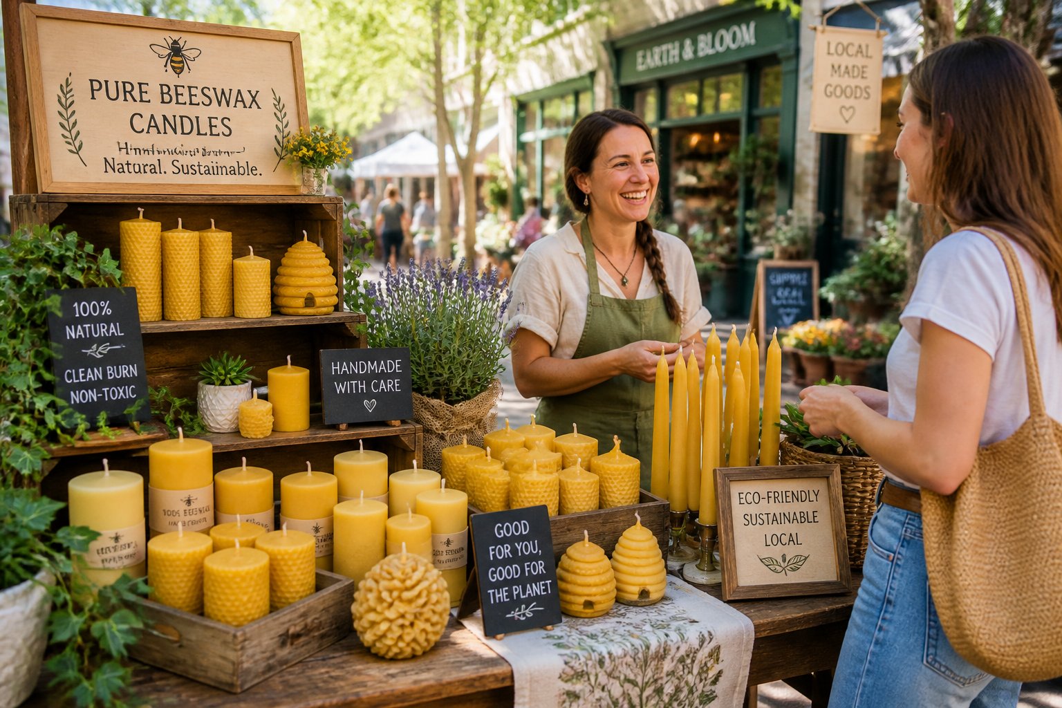 A local market stall displaying various beeswax candles with vendors and shoppers in the background.