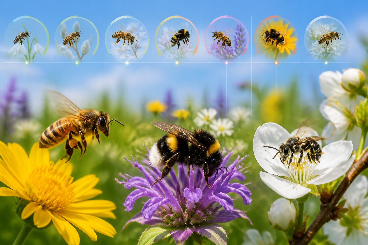 Close-up of different types of bees on colorful flowers outdoors, showing bees active in spring and summer.