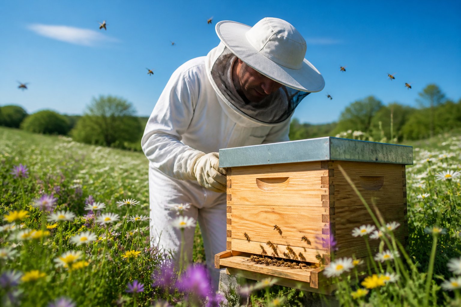 A beekeeper in protective clothing inspects a beehive outdoors surrounded by blooming flowers and flying bees.
