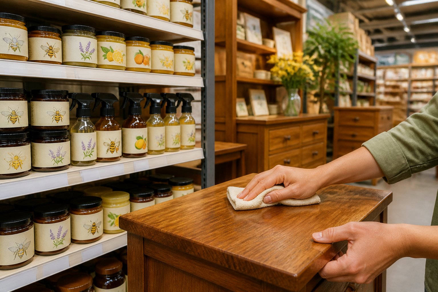 A person applying beeswax furniture polish to a wooden furniture piece in a well-lit store aisle stocked with natural polish products.