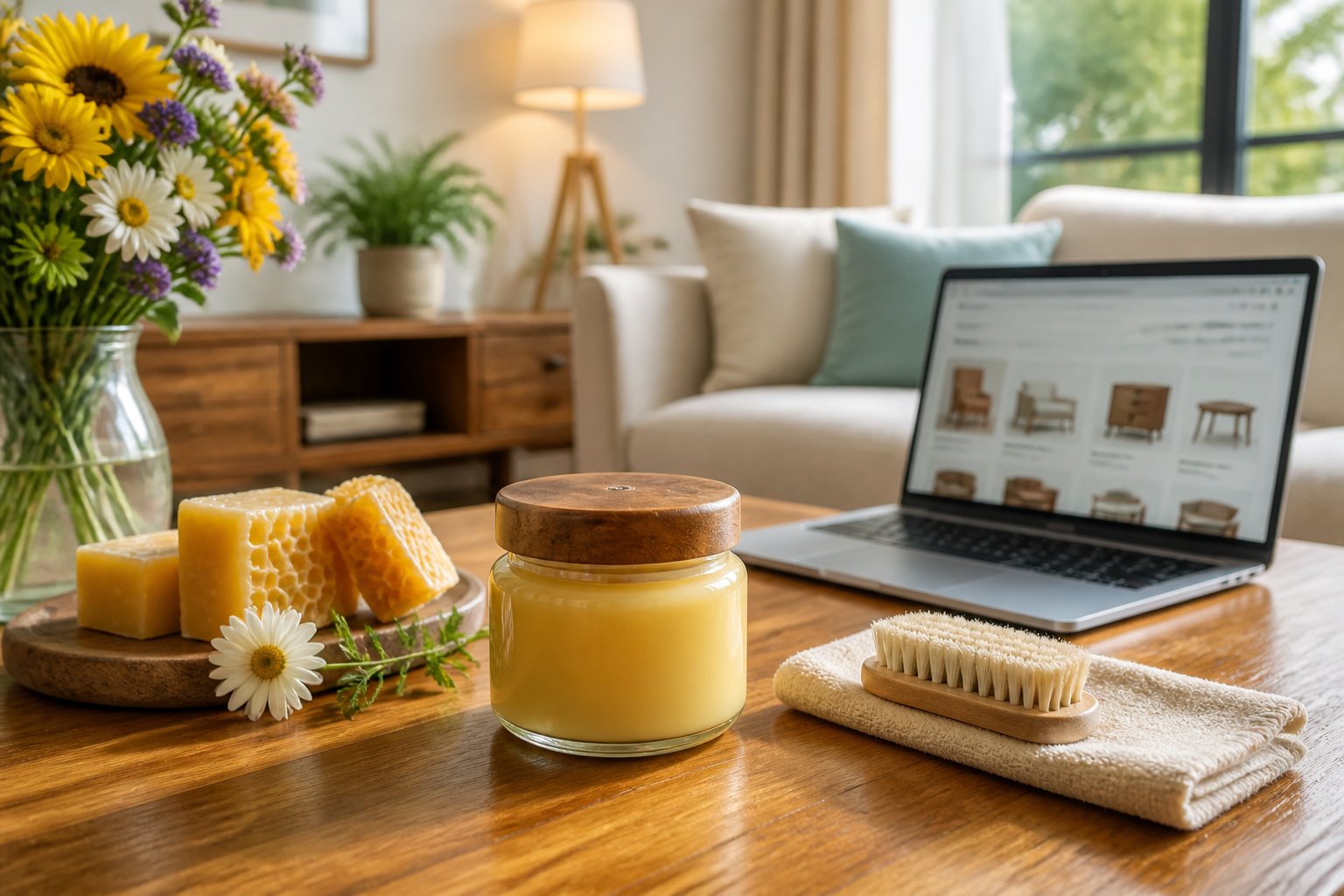 A living room with polished wooden furniture and a jar of beeswax furniture polish on a coffee table next to natural beeswax and honeycomb, with a laptop open in the background.