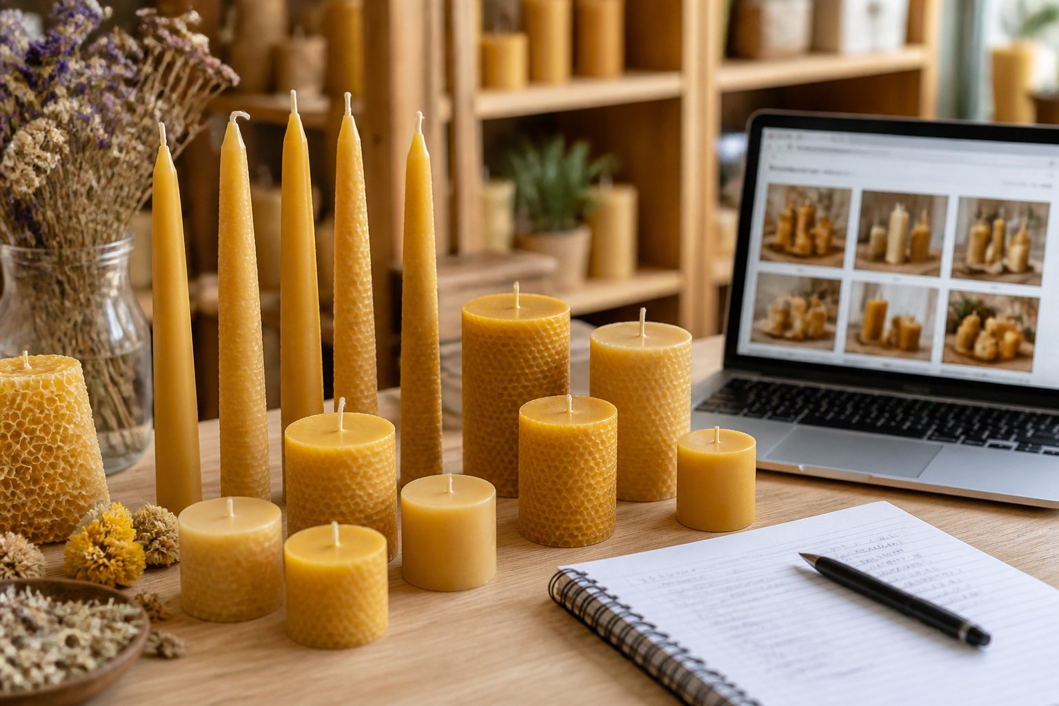 A variety of beeswax candles arranged on a table with a laptop, notepad, and pen nearby, suggesting a comparison before buying.
