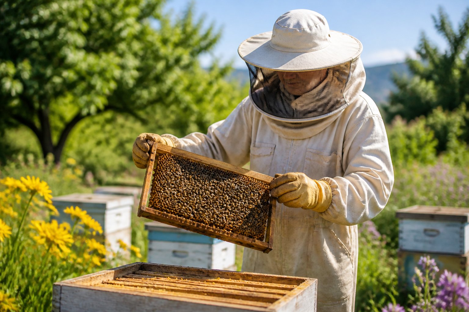 A beekeeper in protective clothing holding a wooden frame covered with bees in a green apiary surrounded by blooming flowers and trees.