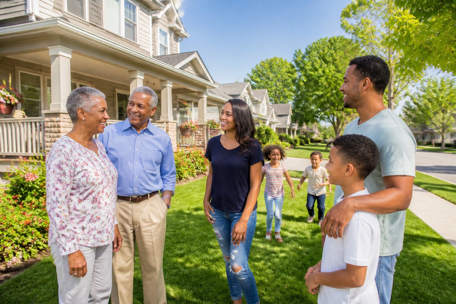 A multi-generational family gathered outside a suburban home, smiling and interacting on a sunny day.