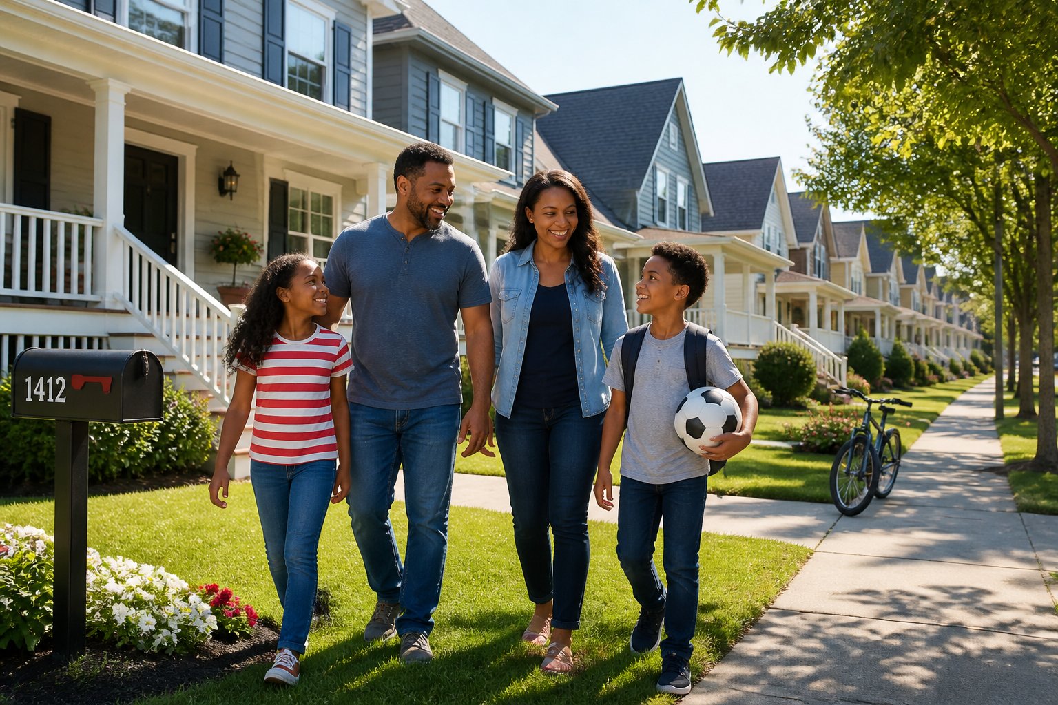 A family of four outside their suburban home with well-kept lawns and trees under a clear blue sky.