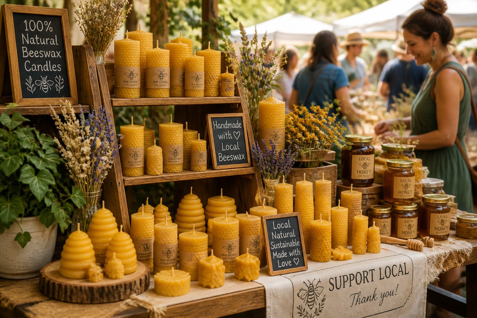 A market stall with beeswax candles, honey jars, and plants, with people browsing in the background.