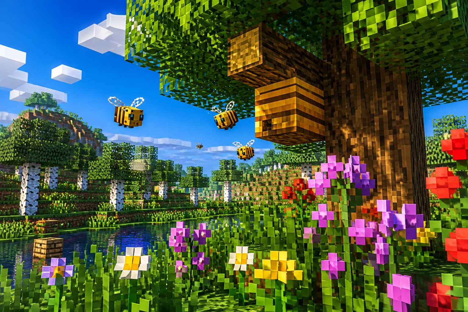 A Minecraft-style scene showing a beehive on a tree branch with bees flying around and flowers nearby.