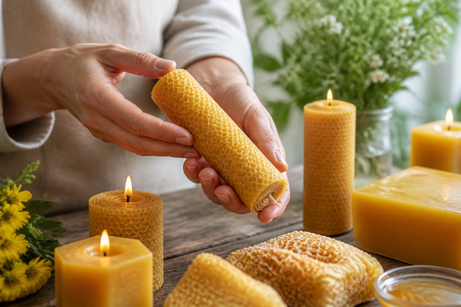 Hands inspecting natural beeswax candles and raw beeswax on a wooden table with soft natural background elements.