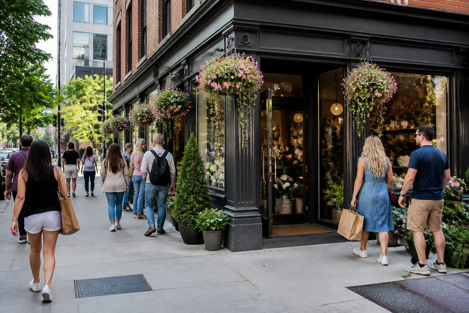 A busy urban street corner with a small storefront surrounded by people and plants on a sunny day.