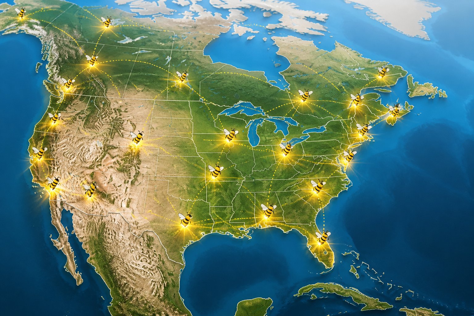 Map of North America with highlighted locations where Busy Bees operates marked by small bee icons.