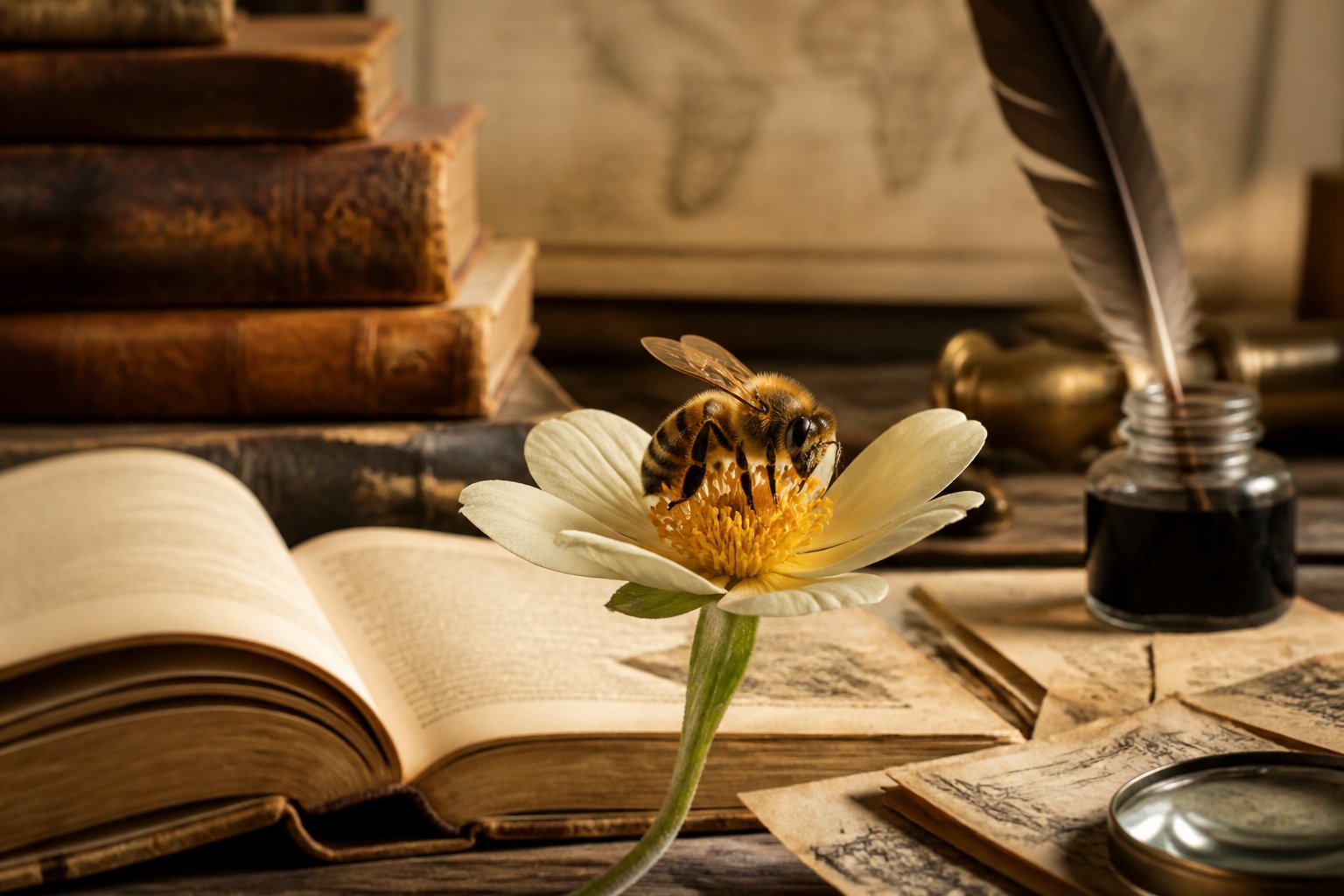 A bee resting on a flower surrounded by old books, handwritten notes, and antique writing tools on a wooden desk.
