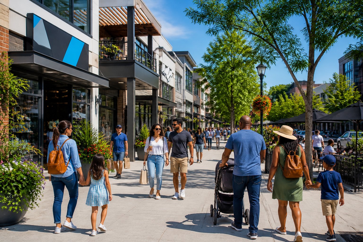 A busy urban street with families and people walking and shopping in a lively neighborhood area during the day.