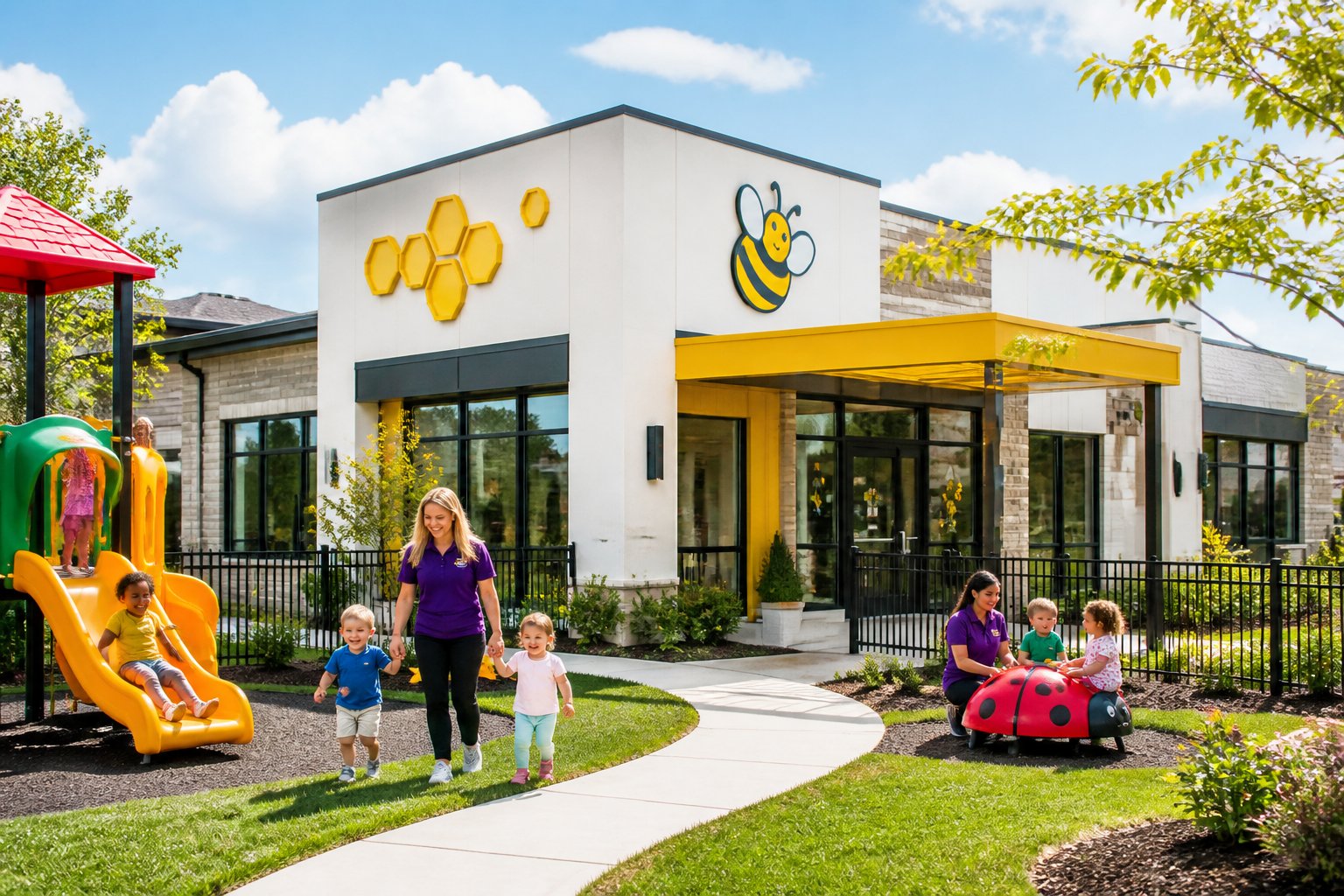 Children playing outside a bright and welcoming childcare center with caregivers supervising.
