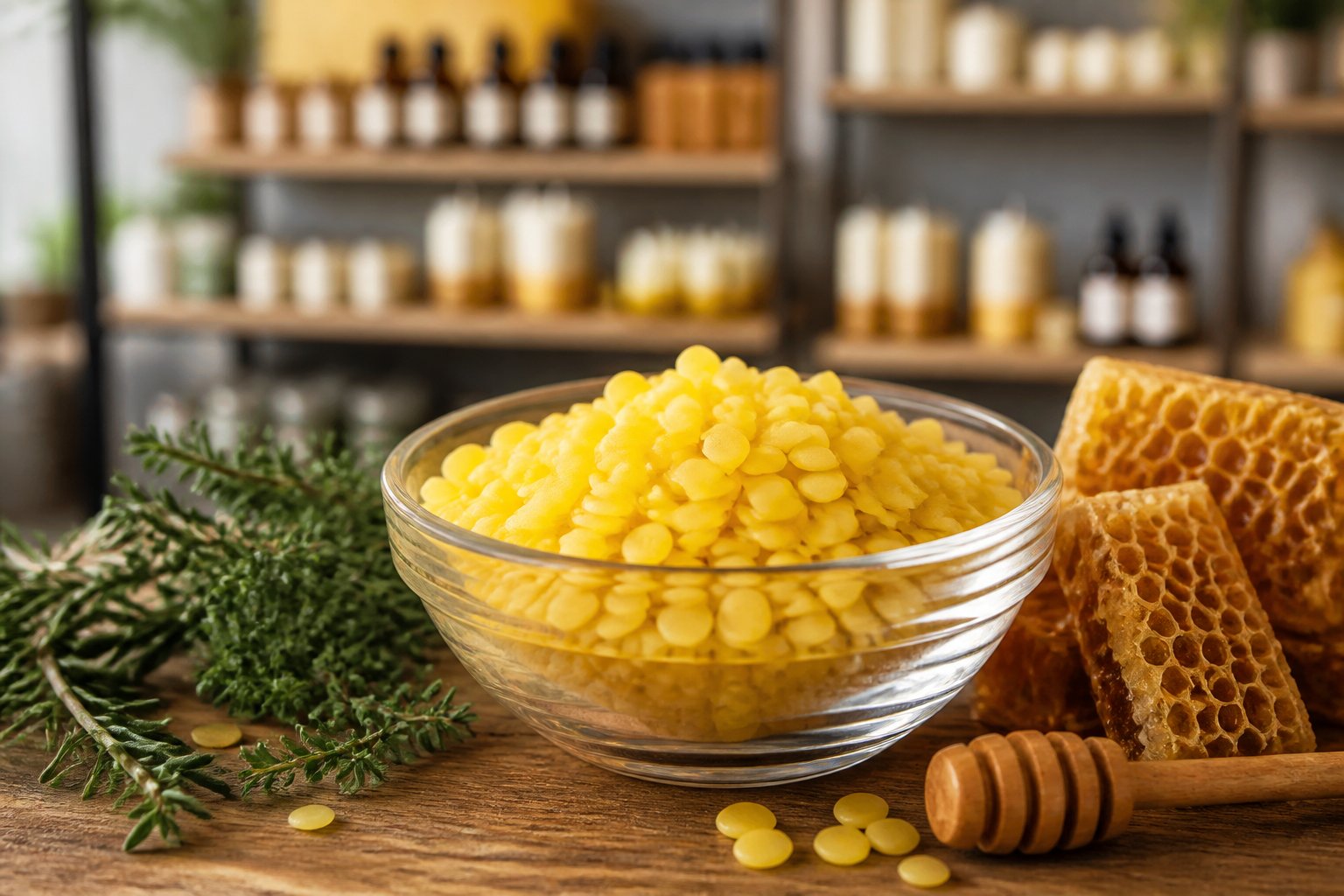A bowl of golden beeswax pellets on a wooden table with honeycomb and herbs, with blurred shelves of natural products in the background.