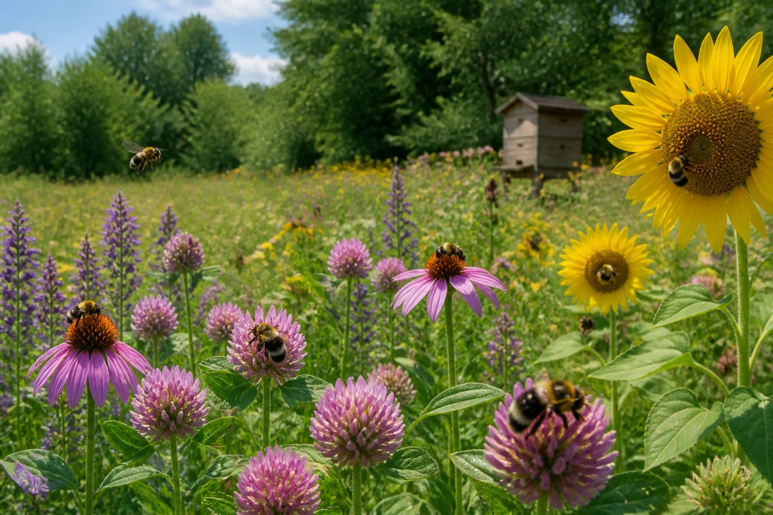 Bees collecting nectar and pollen from various wildflowers in a meadow with trees and a natural beehive nearby.