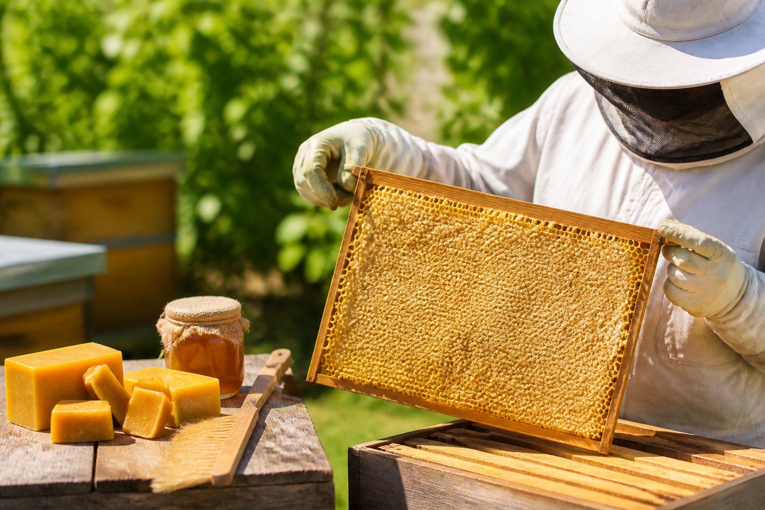 A beekeeper harvesting beeswax from a wooden beehive frame outdoors with green foliage in the background.
