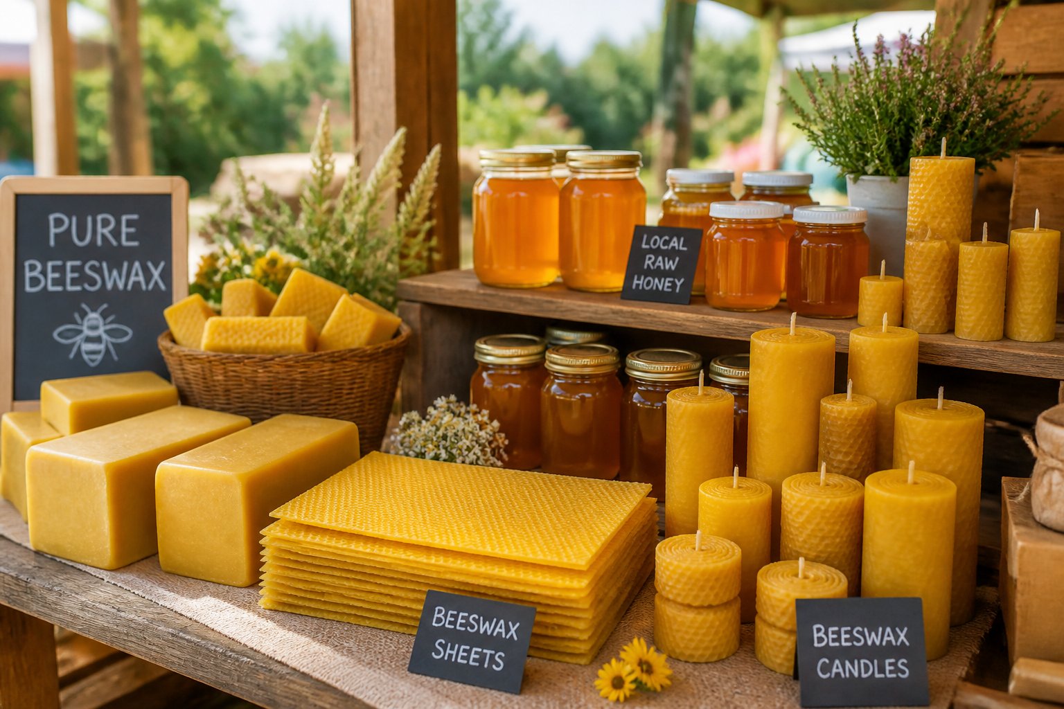 A market stall displaying blocks of beeswax, jars of honey, and beeswax candles with greenery in the background.