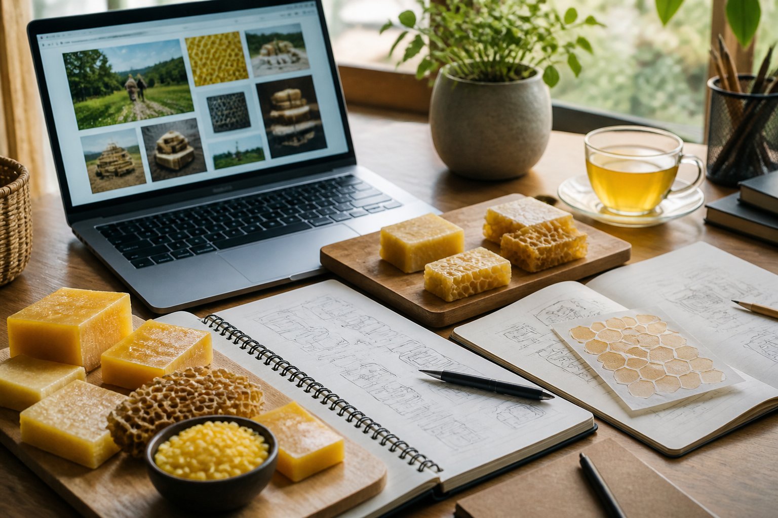 A workspace with beeswax blocks, honeycomb pieces, notebooks, and a laptop, arranged for project planning.